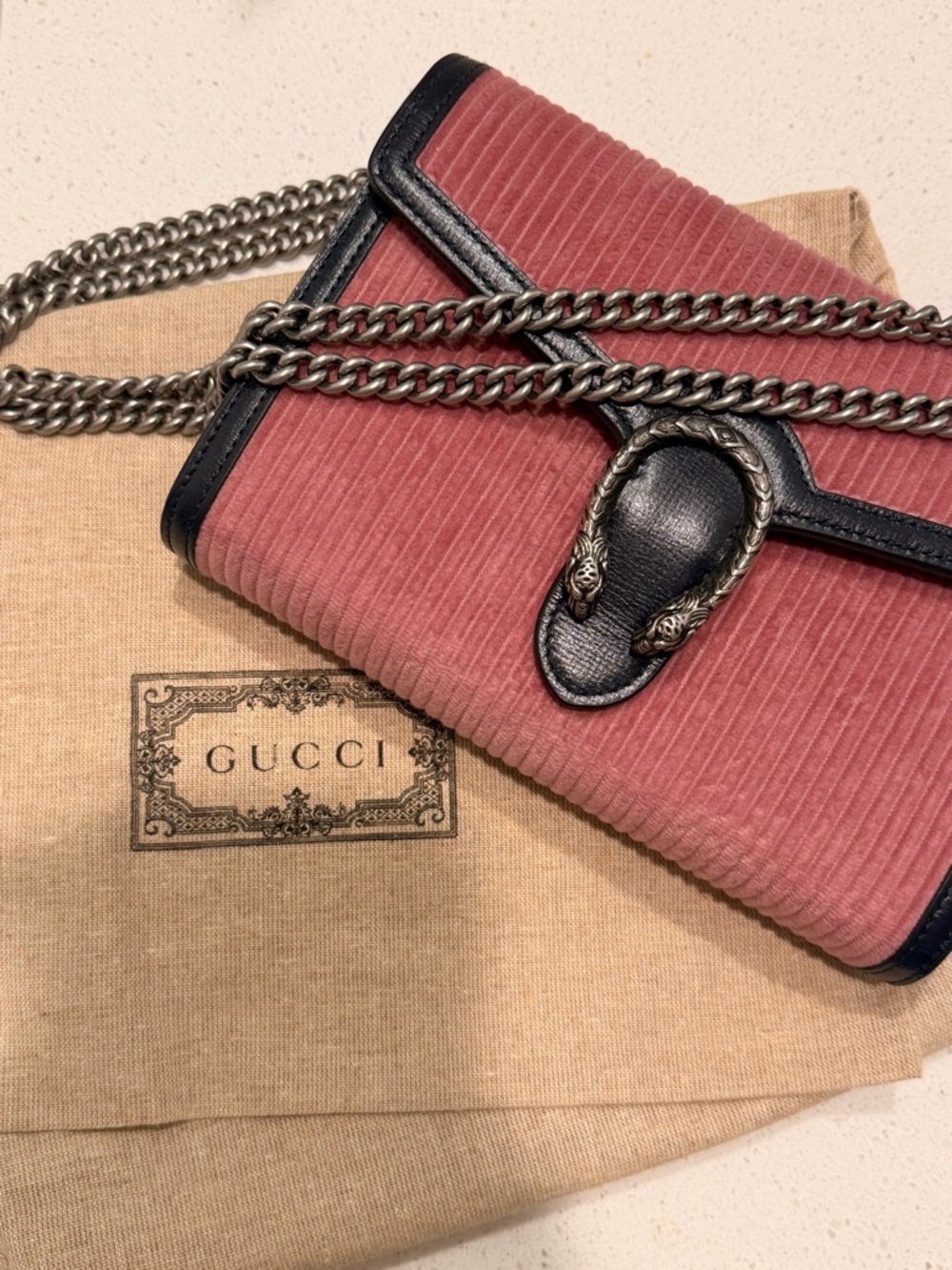 Gucci Rose Corduroy Dionysus Shoulder Bag with Black Trim